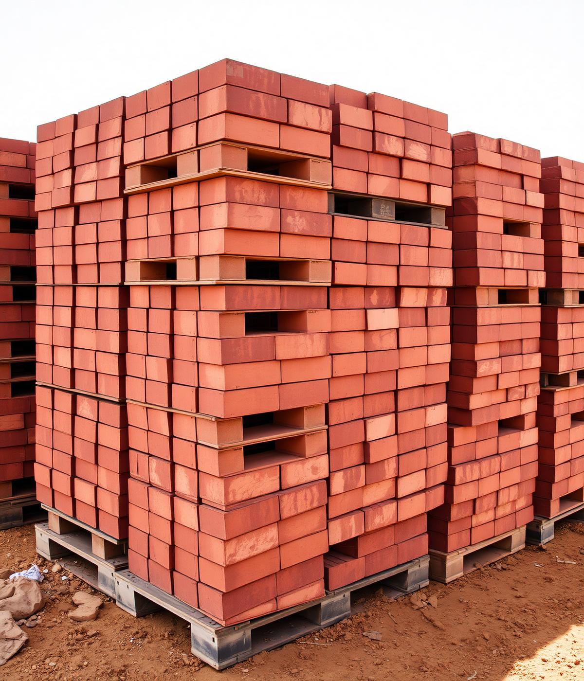 Pallets of red clay building bricks stacked on a construction site