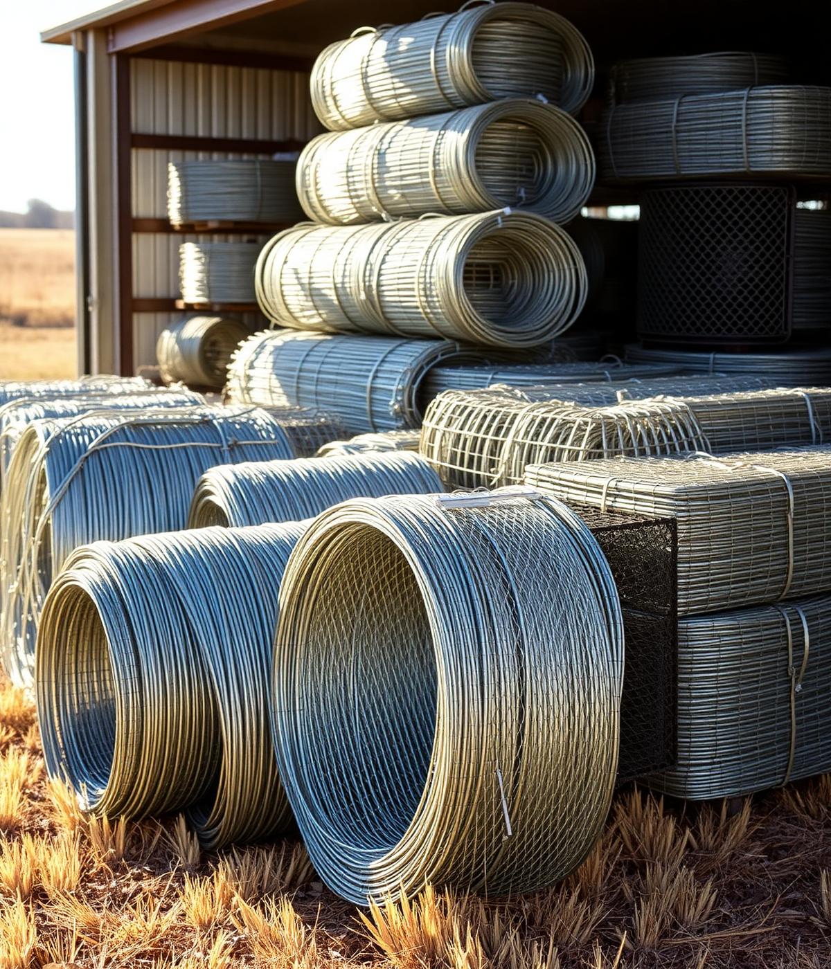 Rolls of fencing wire and diamond mesh stacked in a farm supply yard
