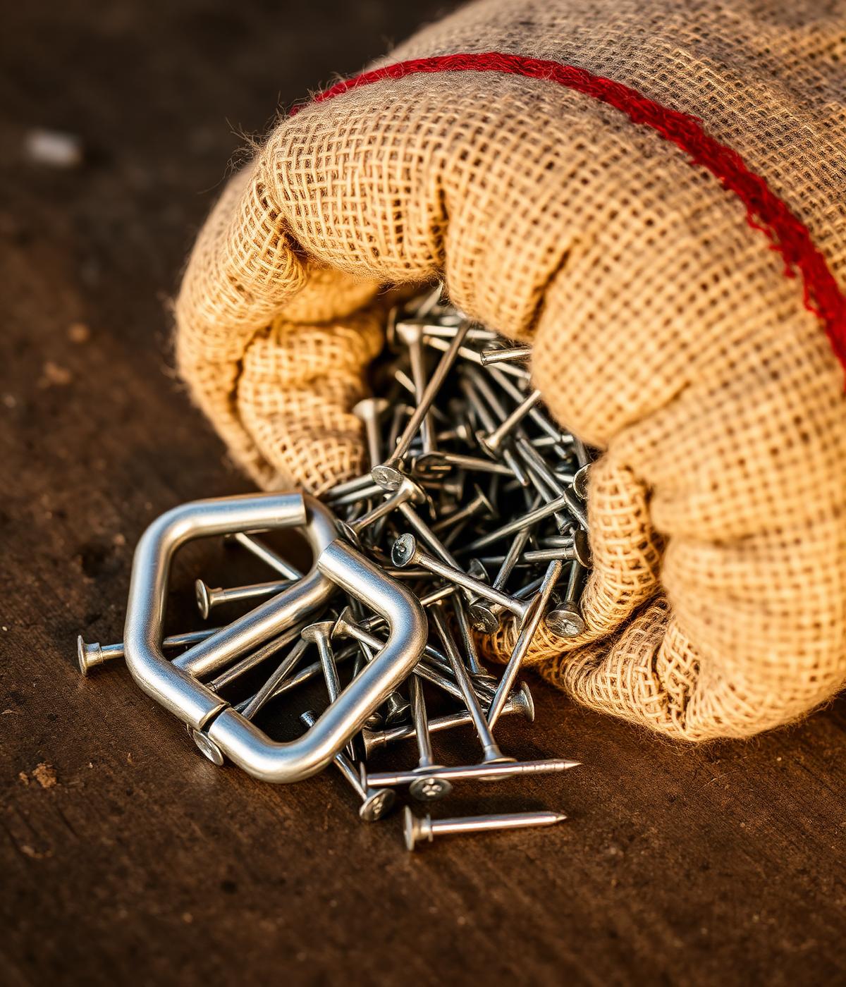 Galvanised U-nails and construction nails spilling from a hessian sack