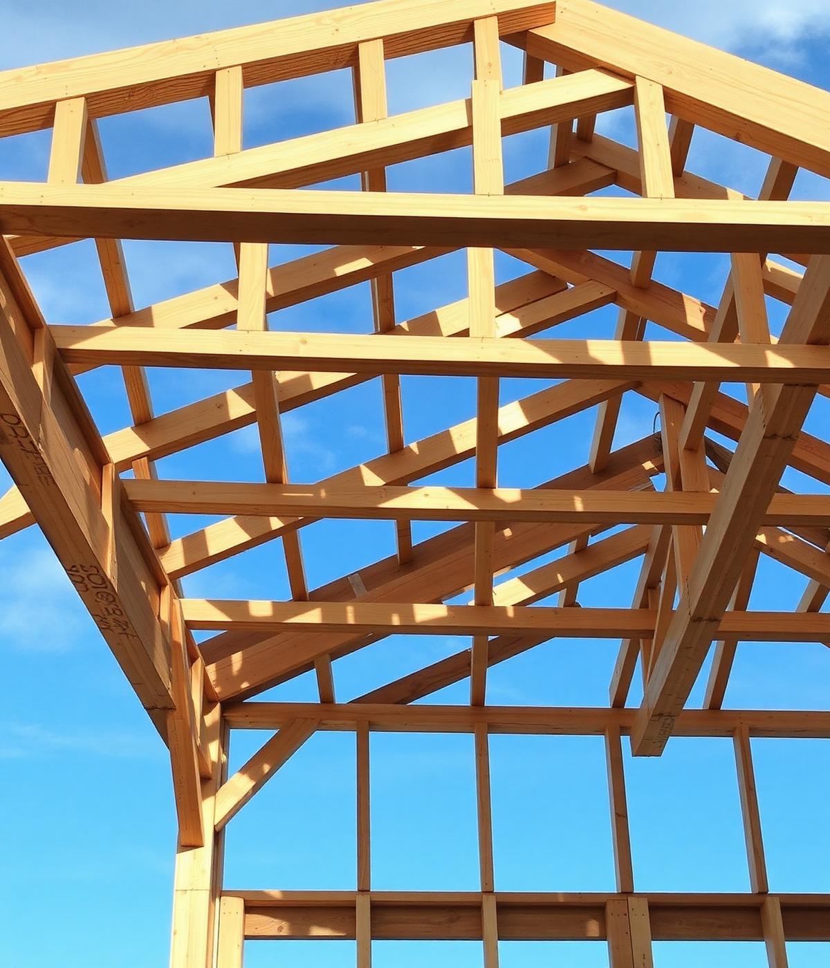 Wooden roof trusses and purlins framed against a blue sky