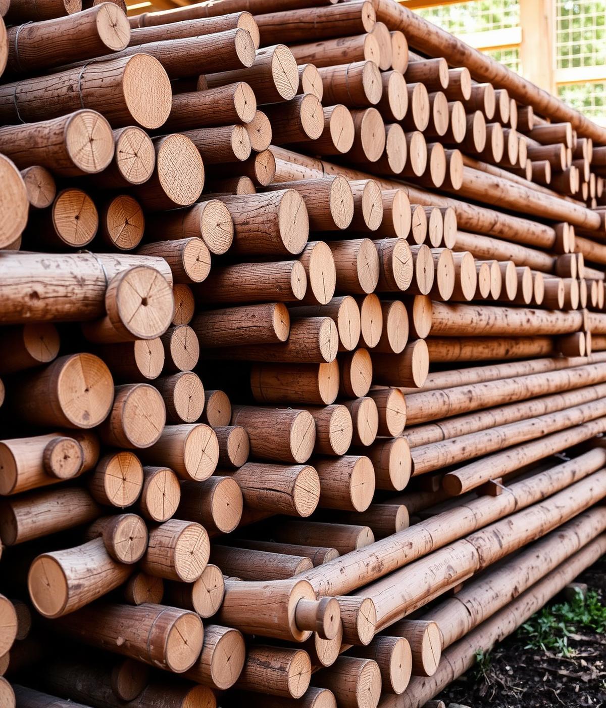 Stacks of treated round wooden fence poles of different diameters