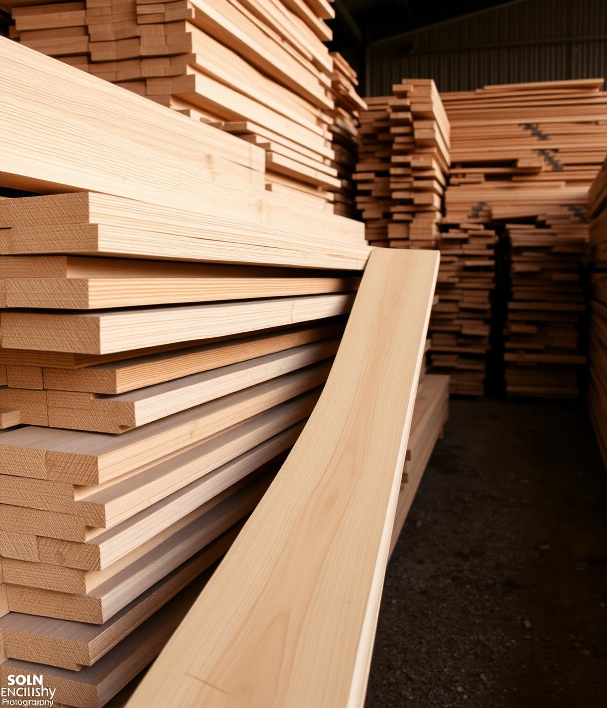 Stacked freshly sawn pine timber planks in a lumber yard